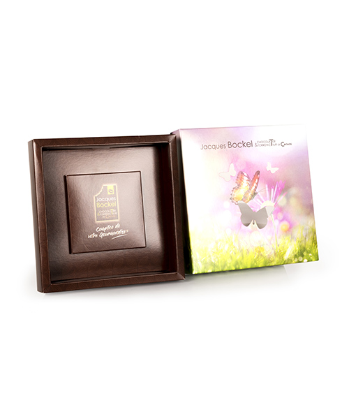 Impression packaging avec vernis et dorure pour le chocolatier Jacques Borel