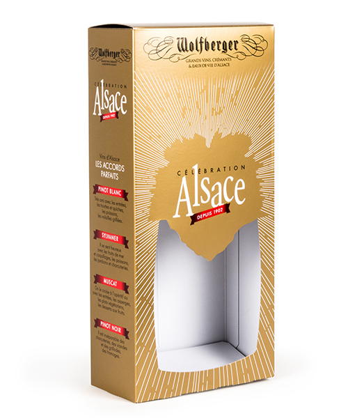 Emballage étui à vin avec découpe carton pour le Crémant Wolfberger